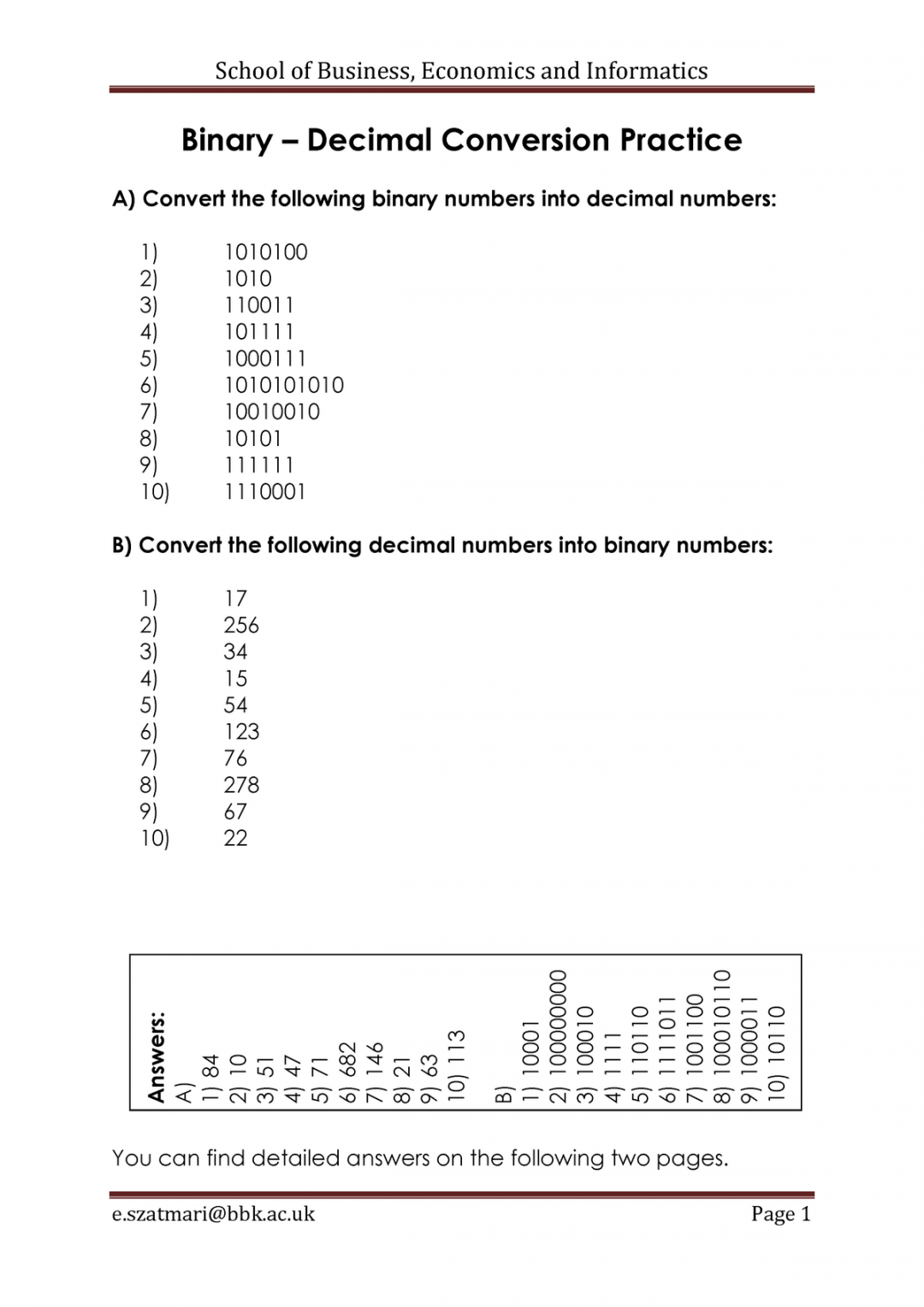 Binary - Decimal Conversion Practice - Page  School of Business