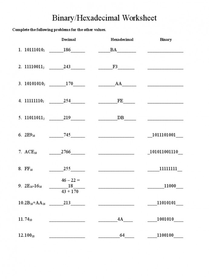 binary hexadecimal worksheet pdf