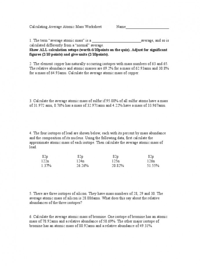 calculating average atomic mass worksheet name pdf atomic mass