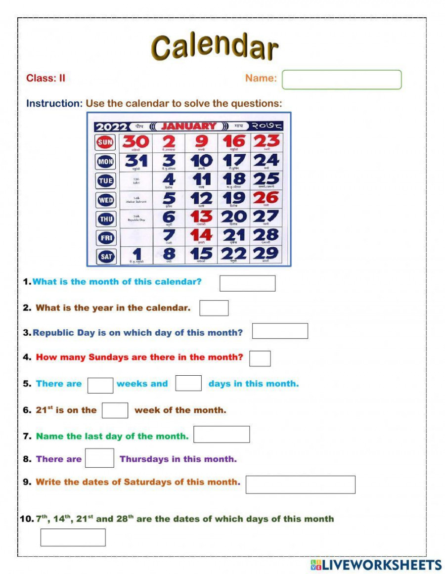 Calendar online worksheet for Grade   Live Worksheets