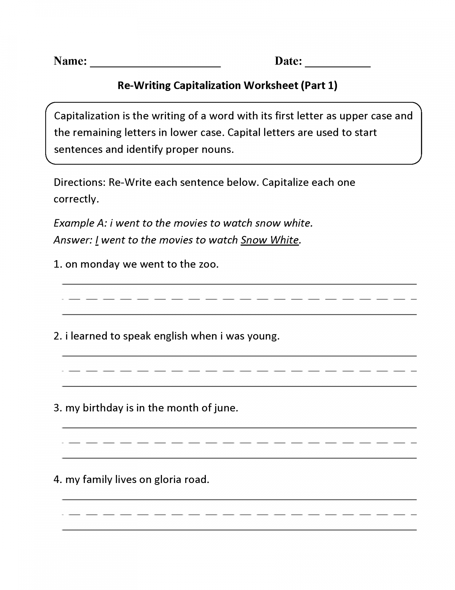 Capitalization Worksheets  Re-Writing Capitalization Worksheet Part