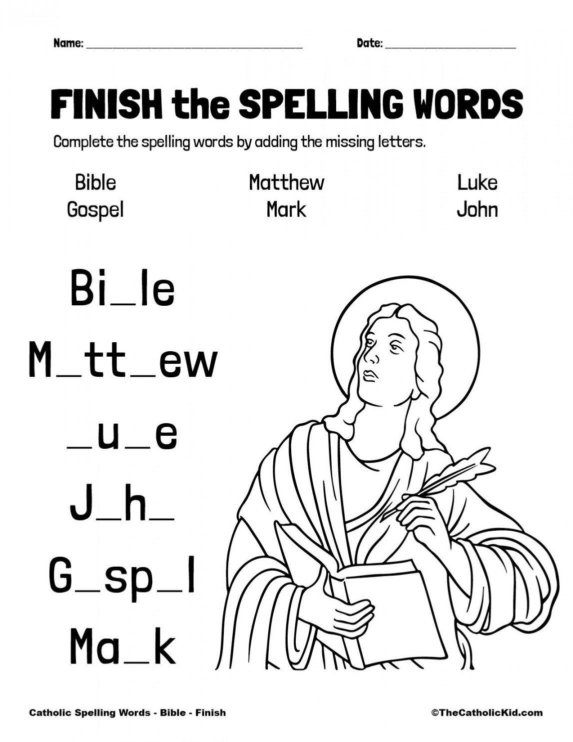 Catholic Spelling & Vocabulary Words Bible Worksheets