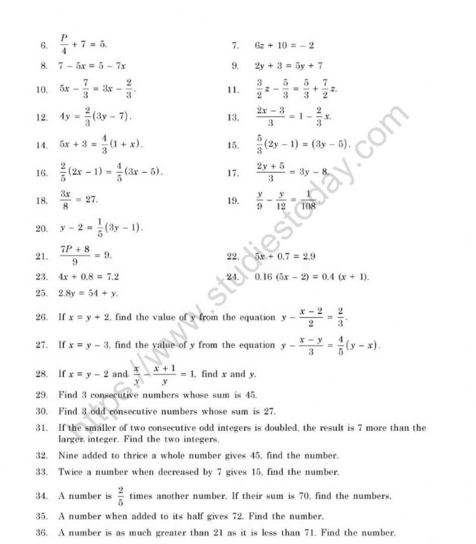 CBSE Class  Mental Maths Simple Equations Worksheet
