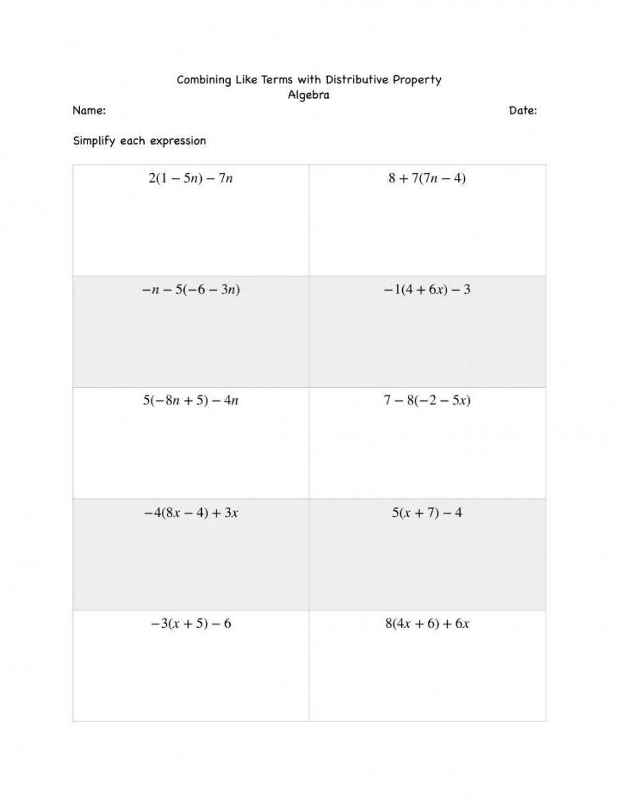 Combining Like Terms with Distributive Property Practice worksheet