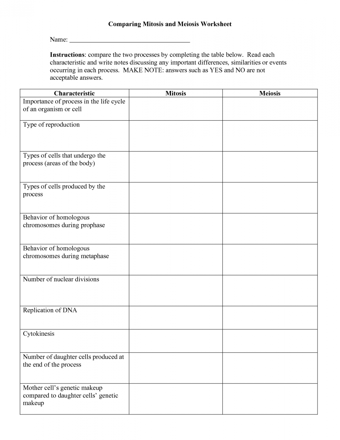 Comparing Mitosis and Meiosis Worksheet  Mitosis, Meiosis