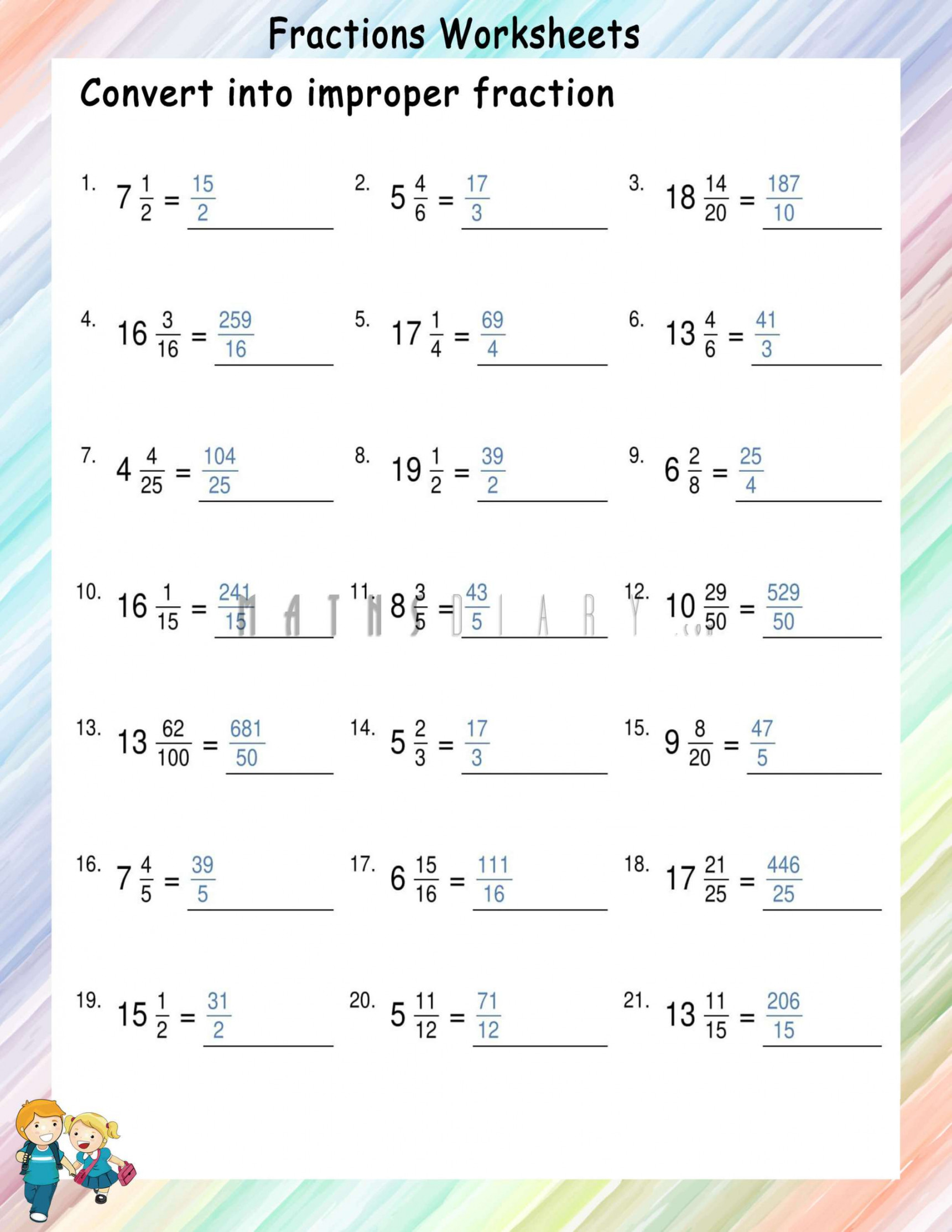 conversion of mixed numbers to improper fractions worksheets
