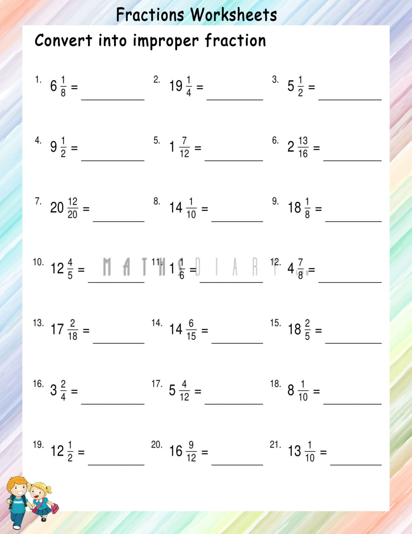 Conversion of mixed numbers to improper fractions worksheets