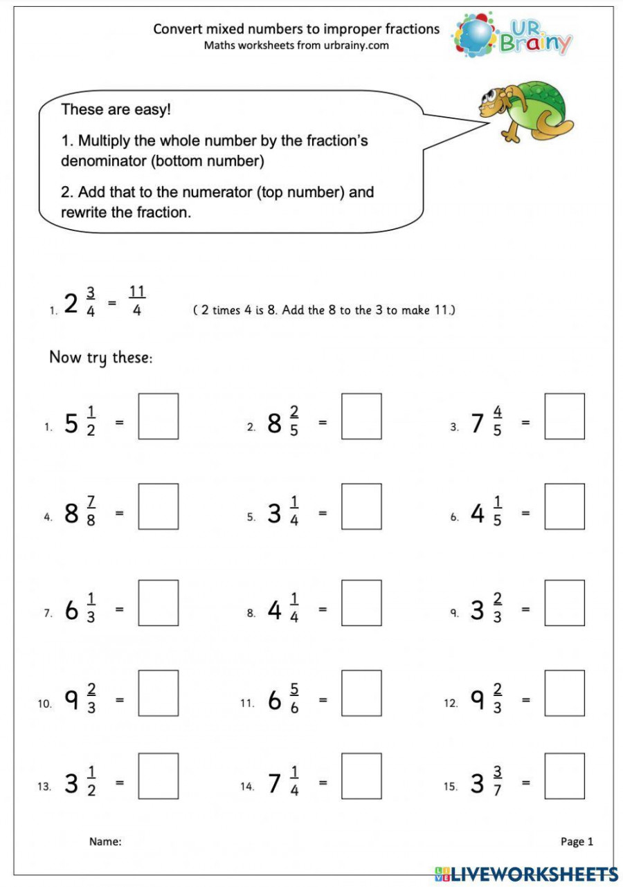 Converting Mixed Numbers to Improper Fraction worksheet  Live