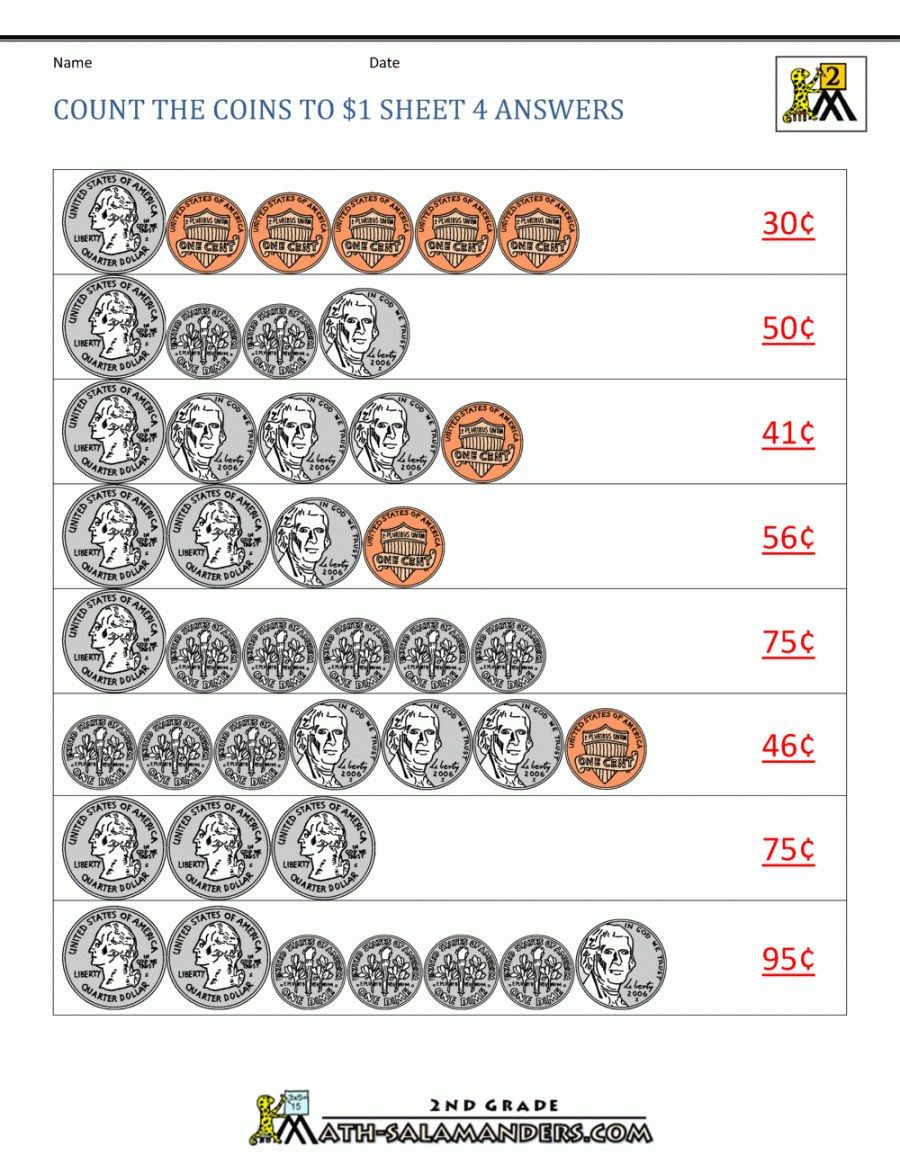 Counting Money Worksheets up to $