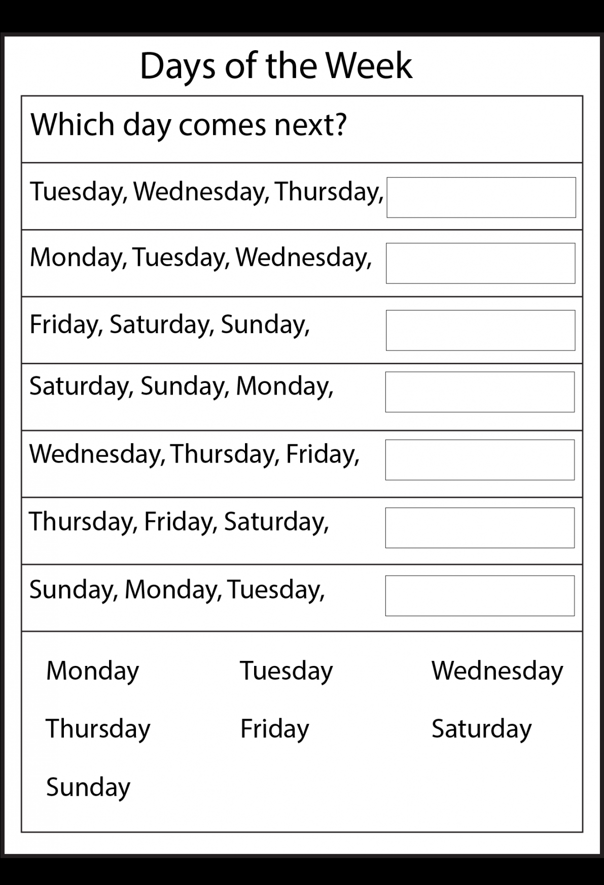 Days of the Week –  Worksheet  School worksheets, First grade