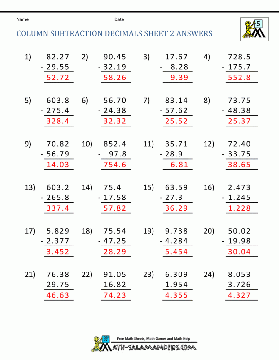 Decimal Subtraction Worksheets