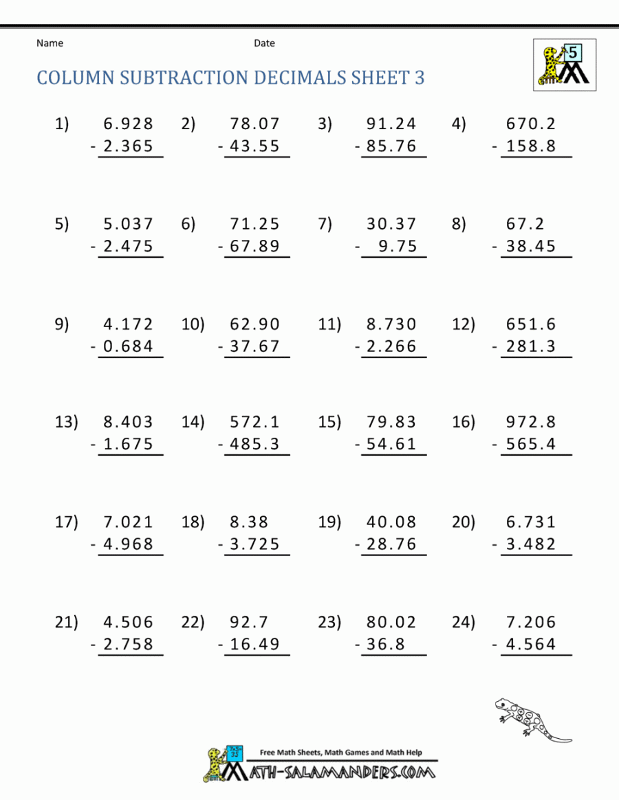 Decimal Subtraction Worksheets