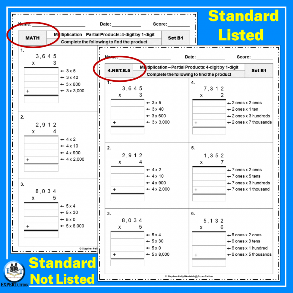 Digit by  Digit Multiplication Assessment Worksheets  Partial Products   Area Models