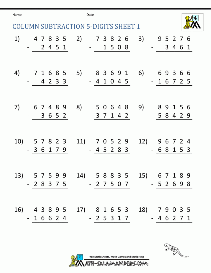 Digit Subtraction Worksheets