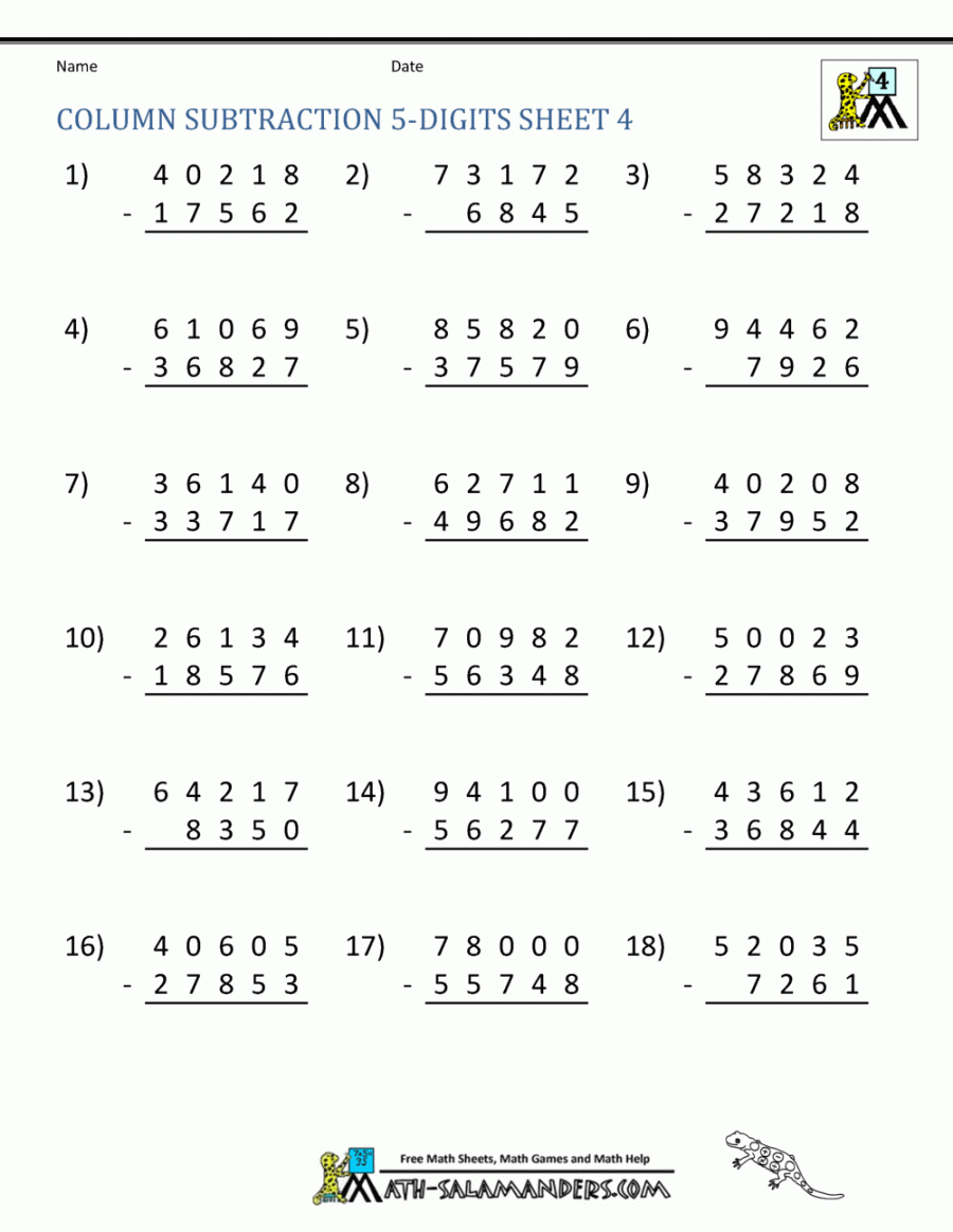 Digit Subtraction Worksheets