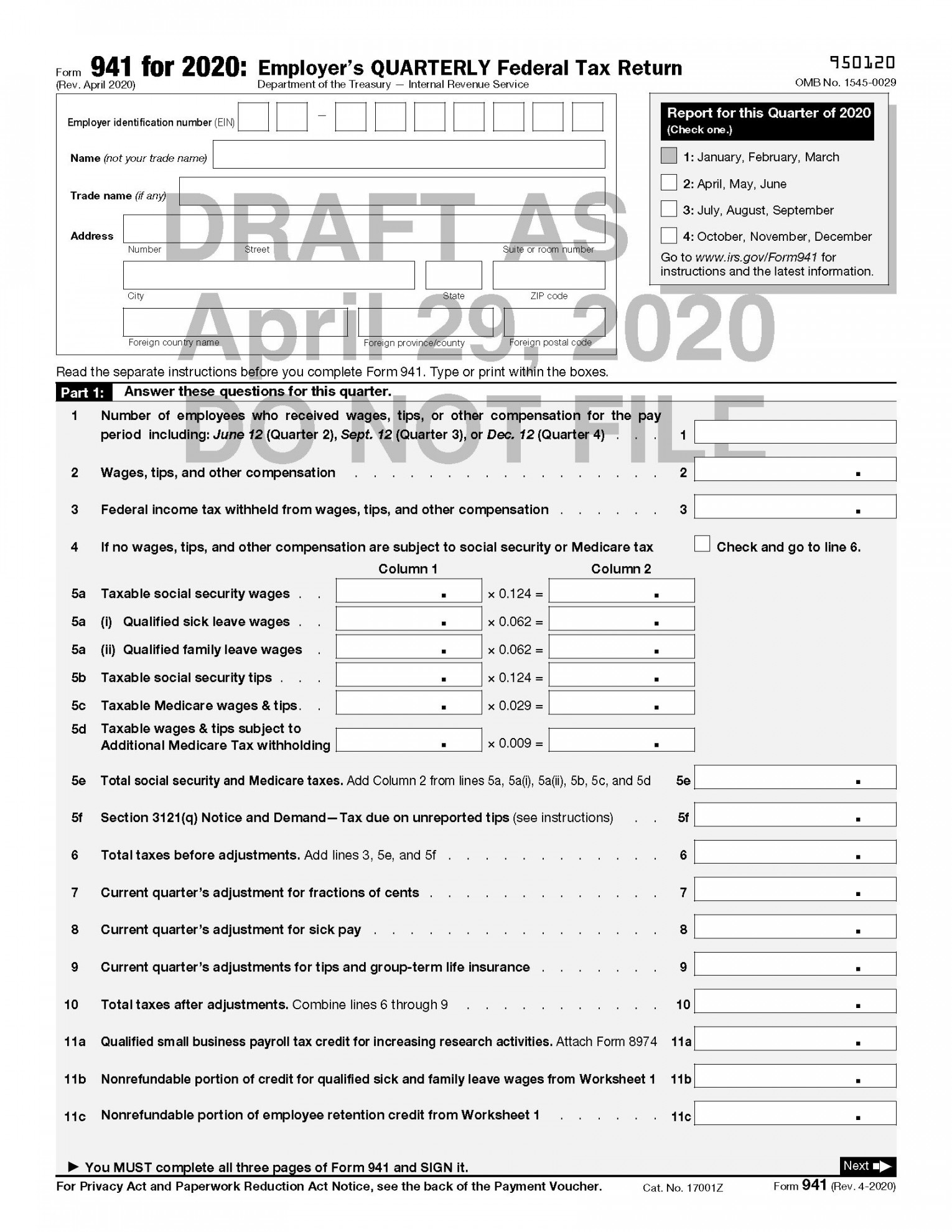 Draft of Revised Form  Released by IRS - Includes FFCRA and