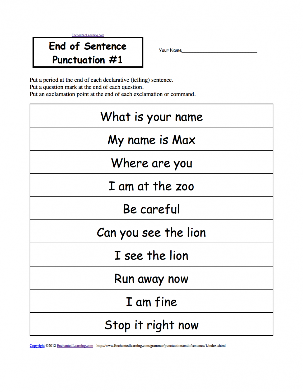 End of Sentence Punctuation, Printable Worksheets