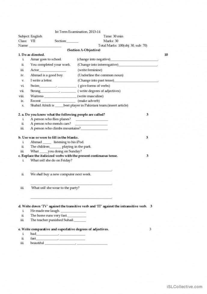 English for grade : English ESL worksheets pdf & doc