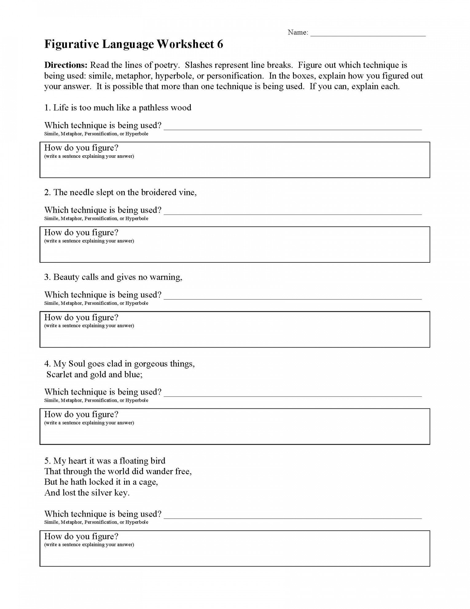 Figurative Language Worksheet   Reading Activity