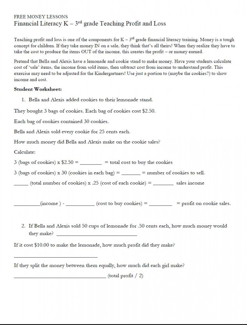 Financial Literacy K – rd grade Teaching Profit and Loss Page