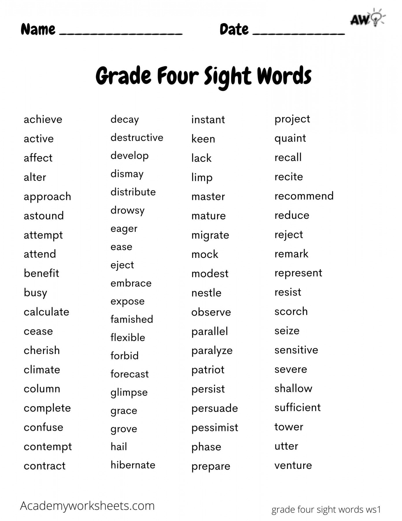 Fourth Grade Sight Words Archives - Academy Worksheets