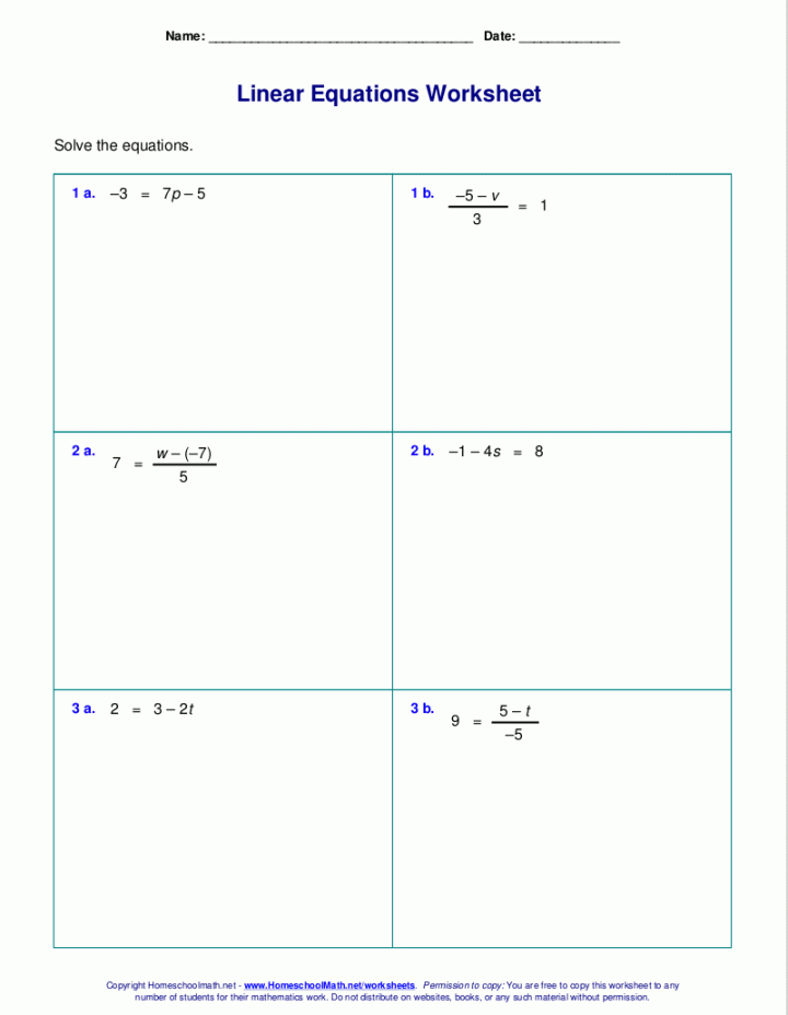 Free worksheets for linear equations (grades -, pre-algebra