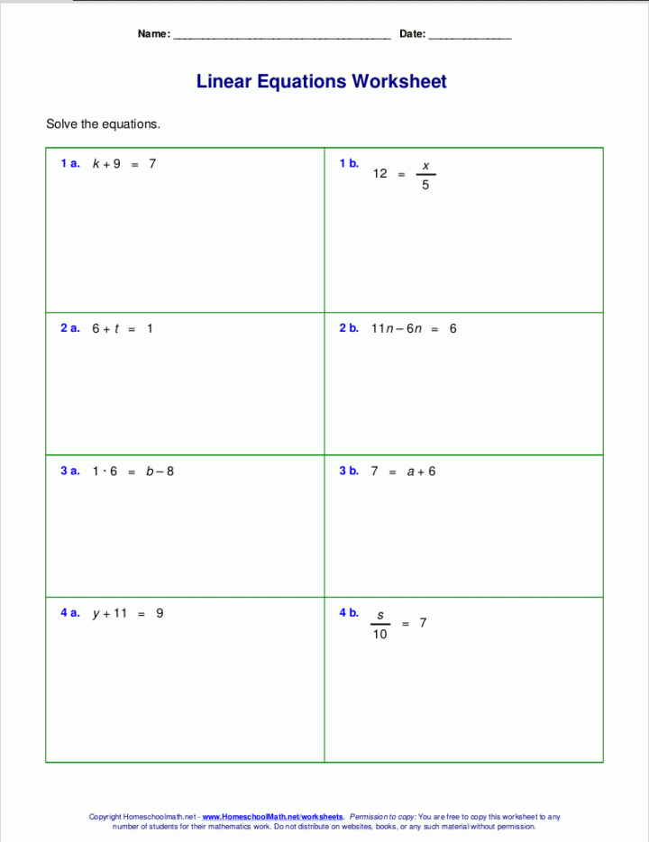 Free worksheets for linear equations (grades -, pre-algebra