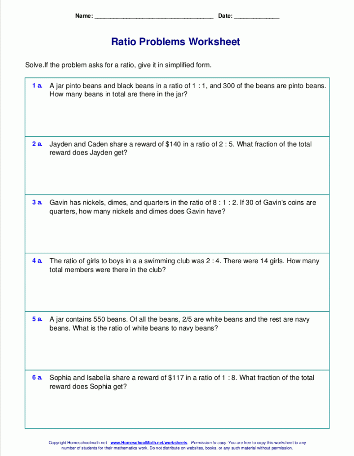 Free worksheets for ratio word problems