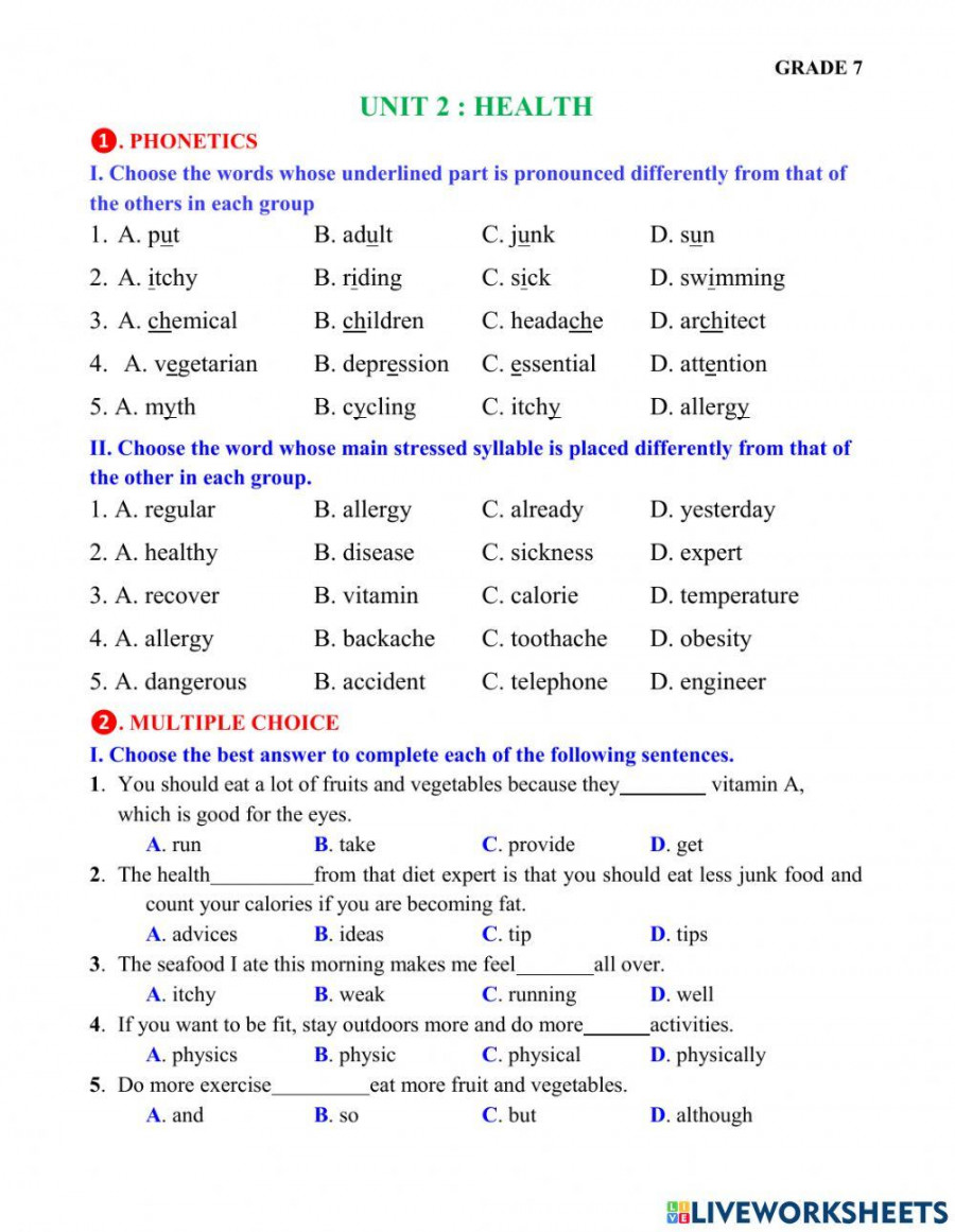 Grade  - Unit  : health worksheet  Live Worksheets