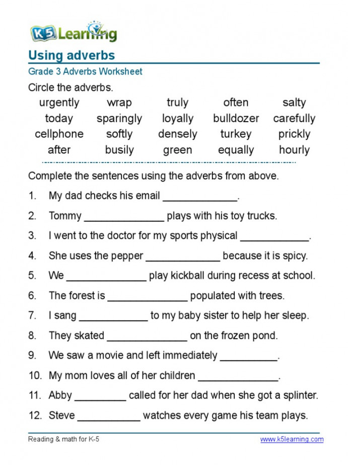 Grammar Worksheet Grade  Adverbs Sentences   PDF