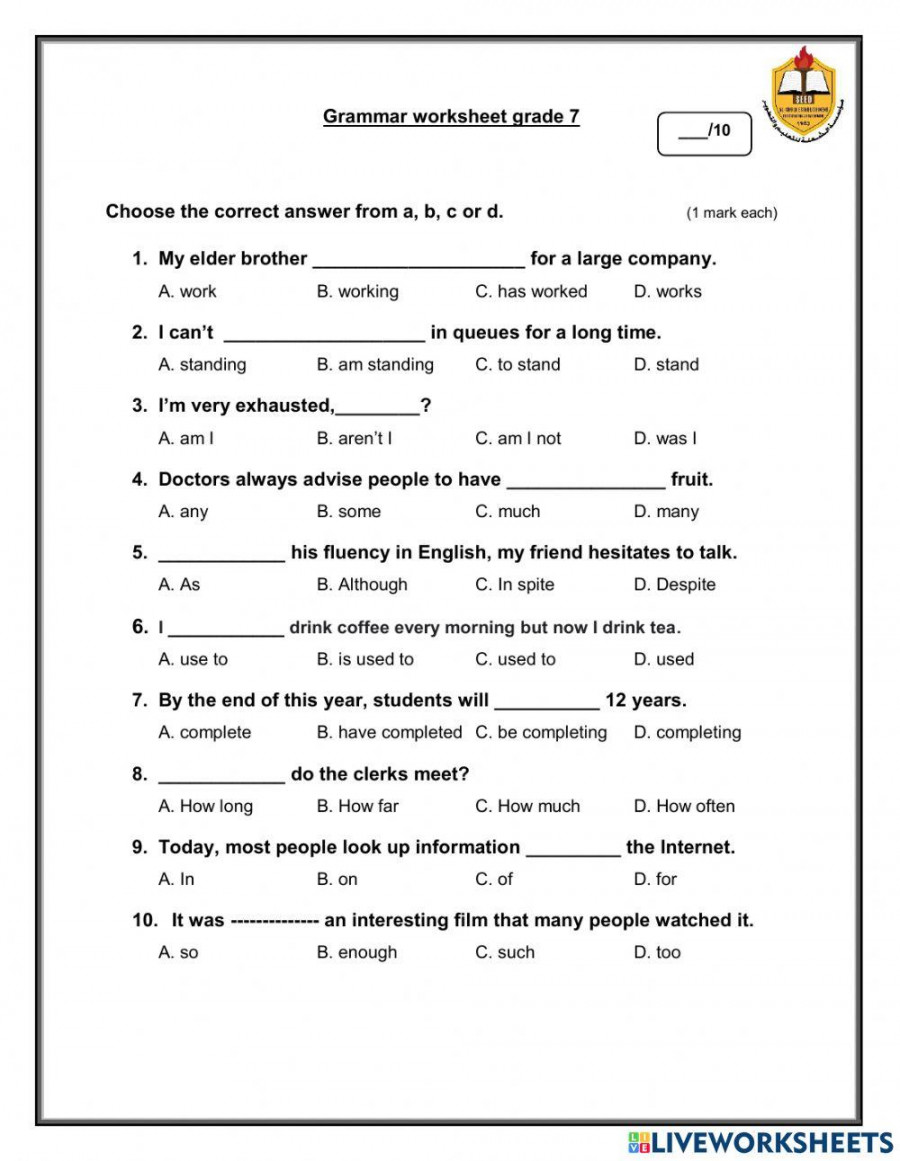 Grammar worksheet grade  worksheet  Live Worksheets