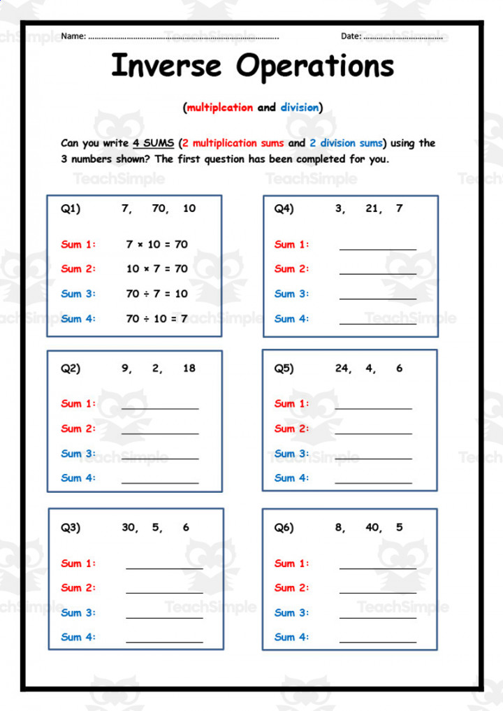 Inverse Operations Multiplication and Division Worksheet by Teach