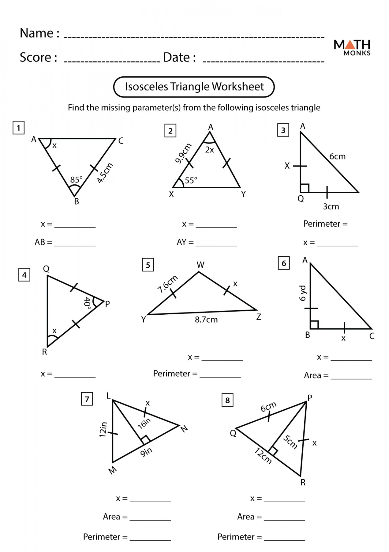 Isosceles and Equilateral Triangles Worksheets - Math Monks