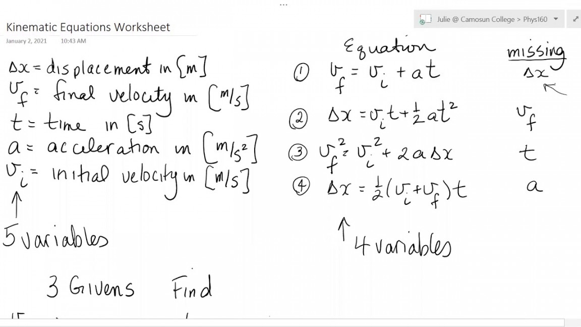 Kinematics equations worksheet