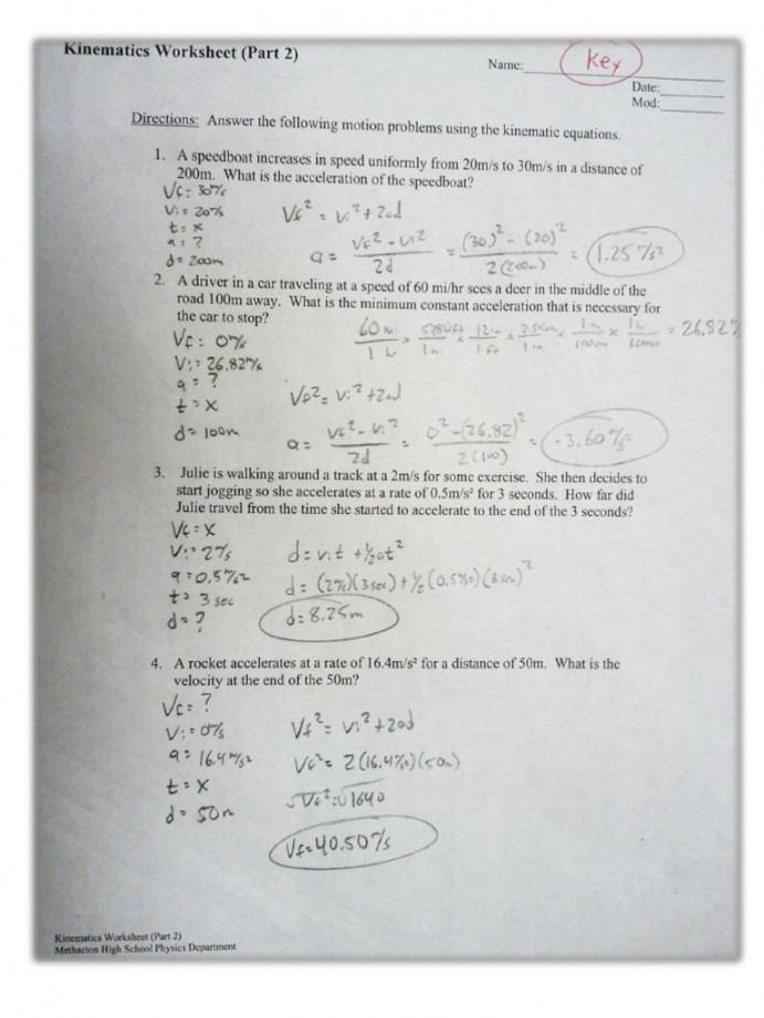 Kinematics Worksheet (Part ) - Answer Key PDF  PDF