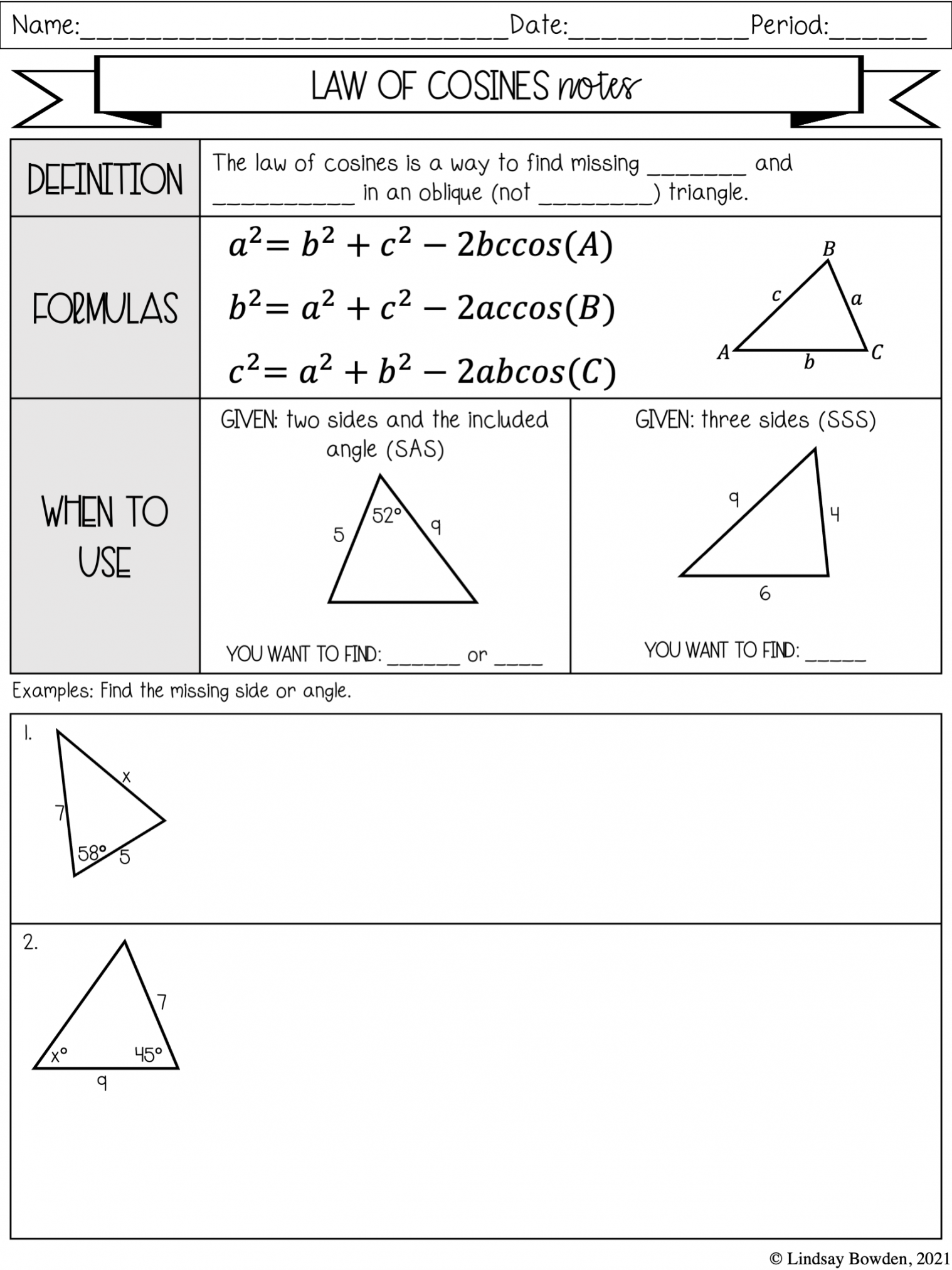 Law of Sines and Cosines Notes and Worksheets - Lindsay Bowden