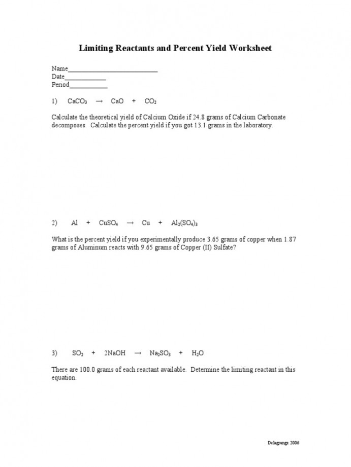 Limiting Reactants and Percent Yield Worksheet  PDF