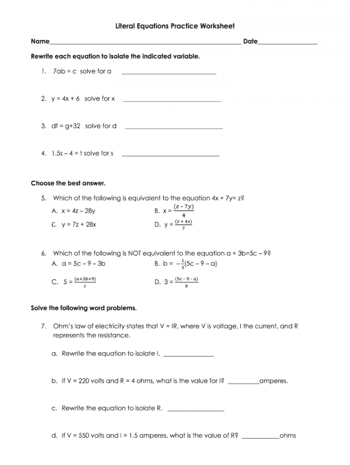 Literal Equations Practice Worksheet Answers - Fill Online