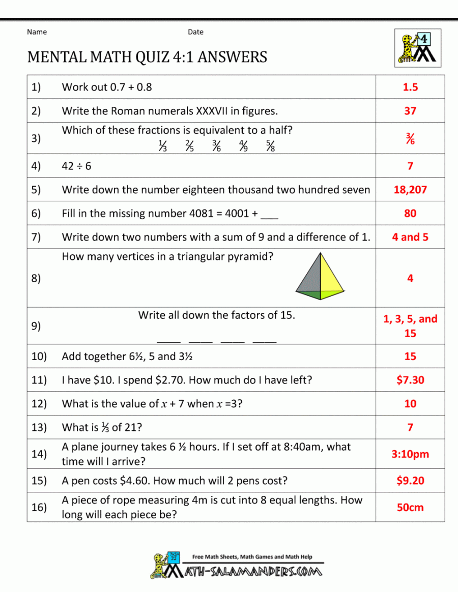 Mental Math th Grade