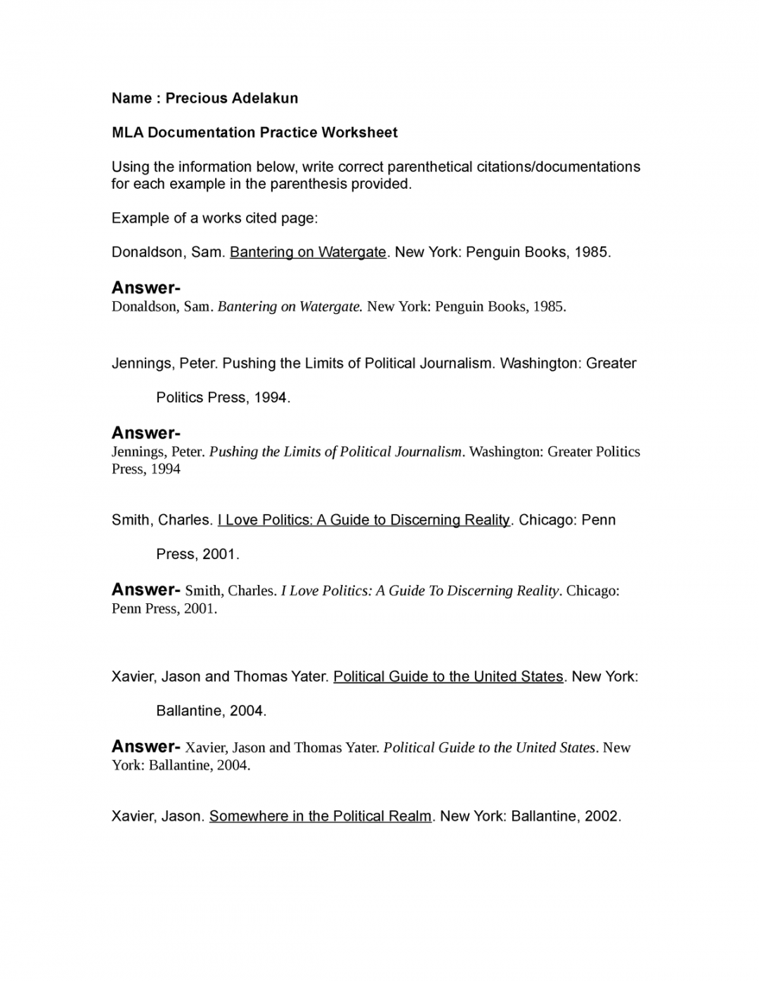 MLA Documentation Practice Worksheet  copy - Name : Precious