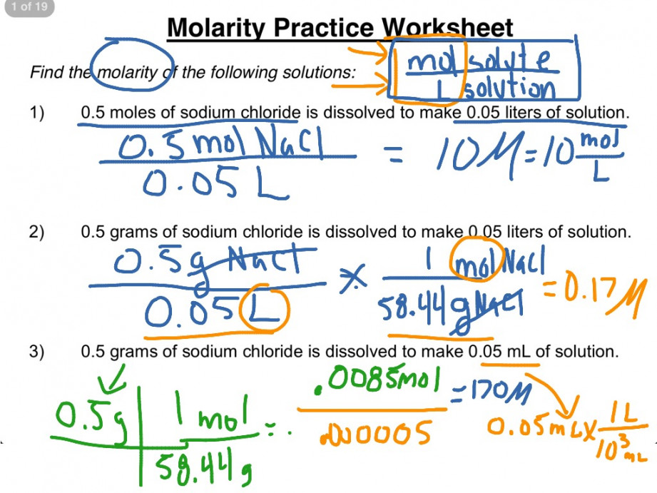 Molarity practice worksheet -  Science, Chemistry, Solutions