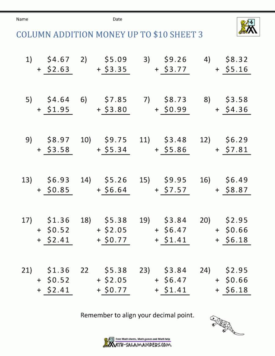 Money Addition Worksheet collection th Grade