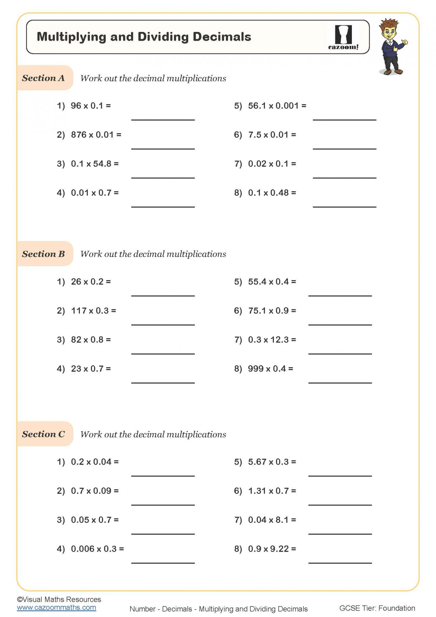 Multiplying and Dividing Decimals  Printable Worksheet