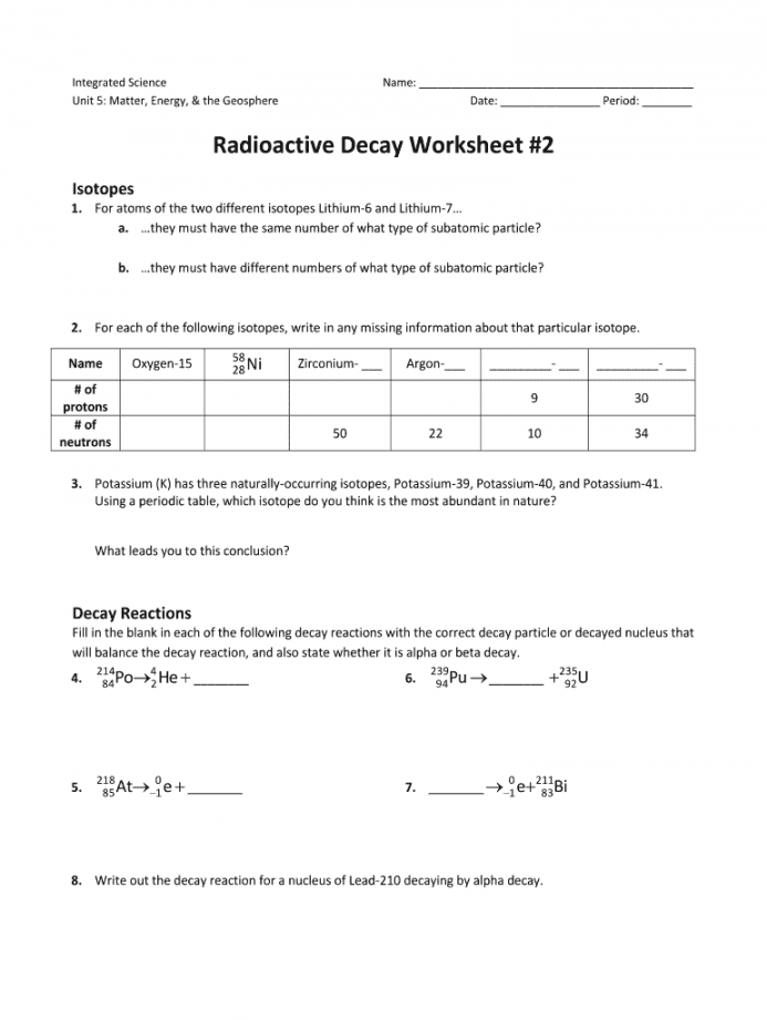 Nuclear Decay Worksheet Answers Key  Chemistry worksheets