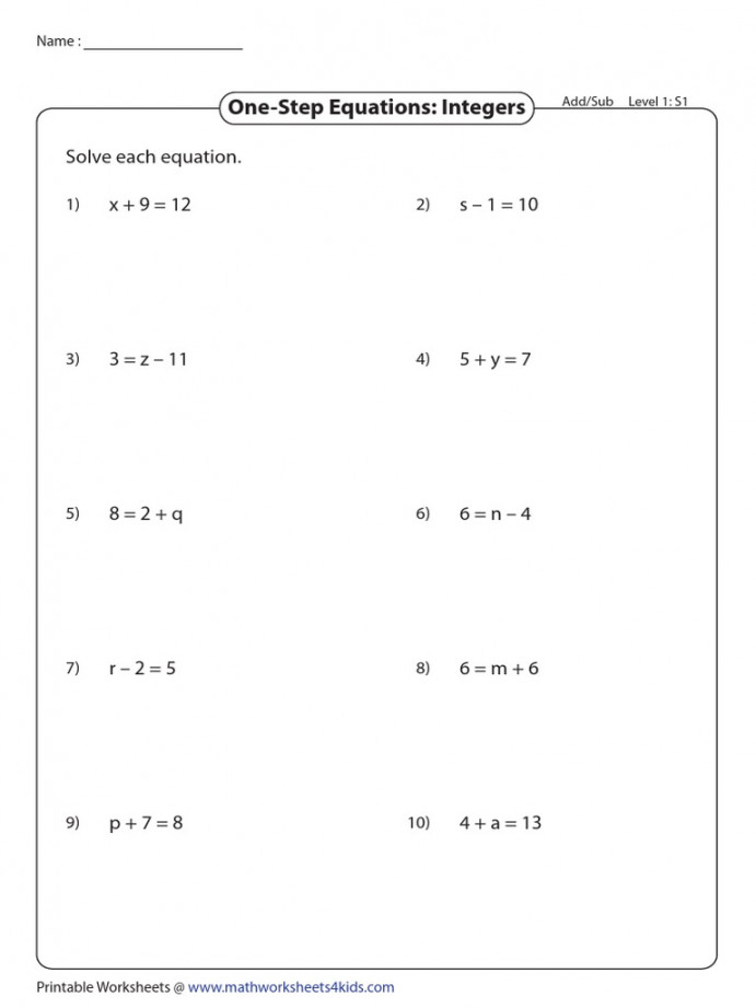 One-Step Equations: Integers: Solve Each Equation  PDF