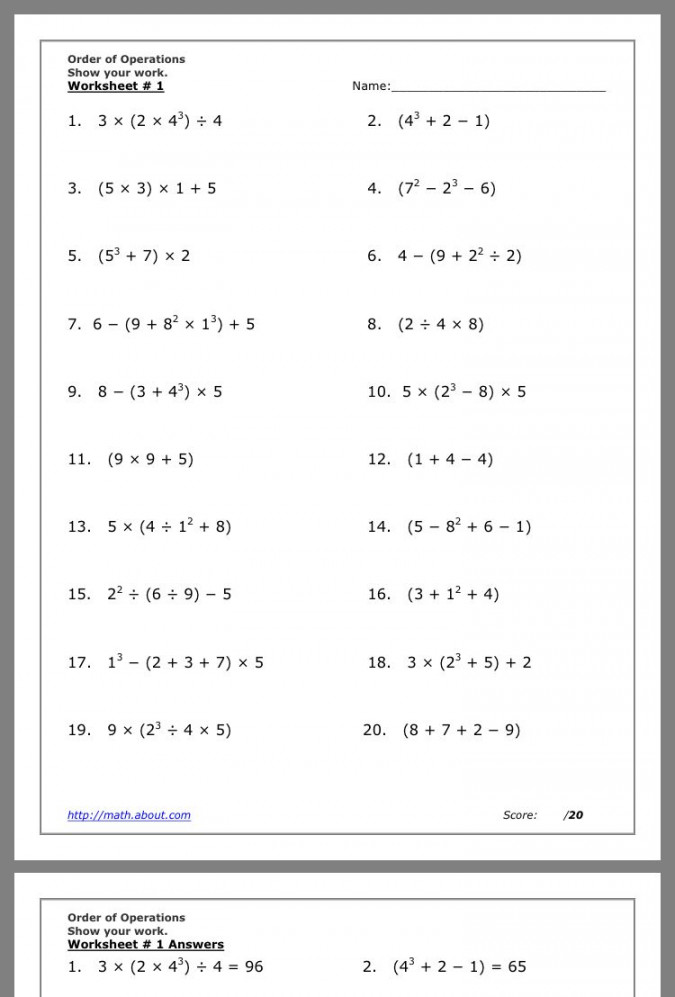 Order of Operations Worksheet  Act math, Algebra worksheets