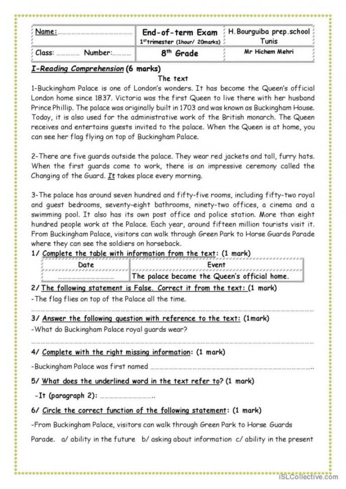 Page th Grade Test - Reading Comp: English ESL worksheets pdf