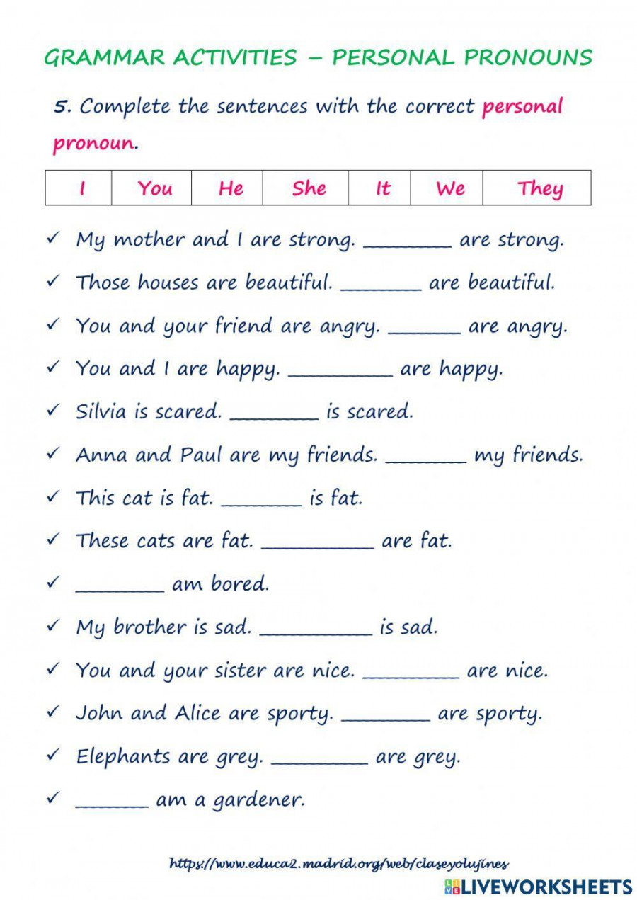 Personal Pronouns online exercise for Grade   Live Worksheets