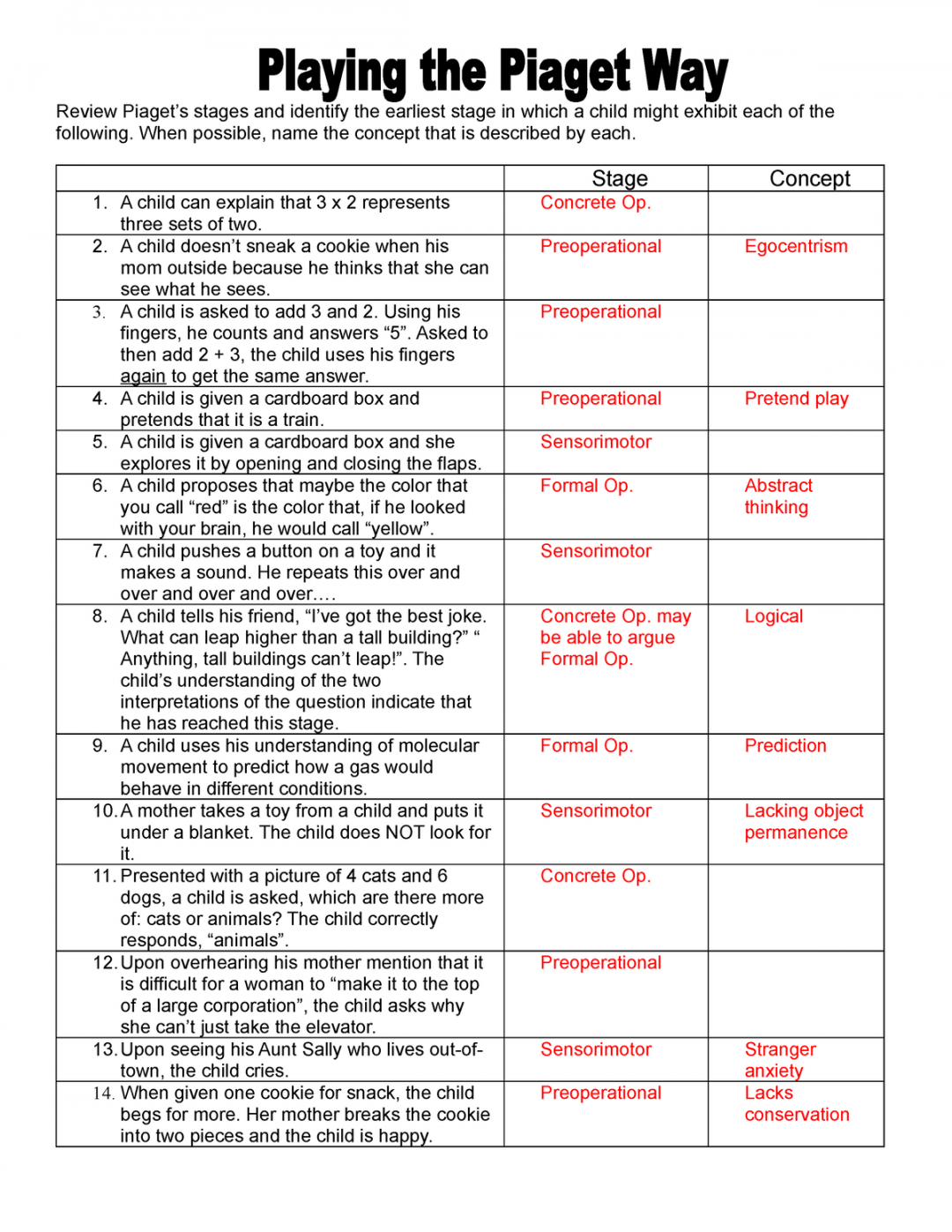 Playing the Piaget Way Answers - Review Piaget