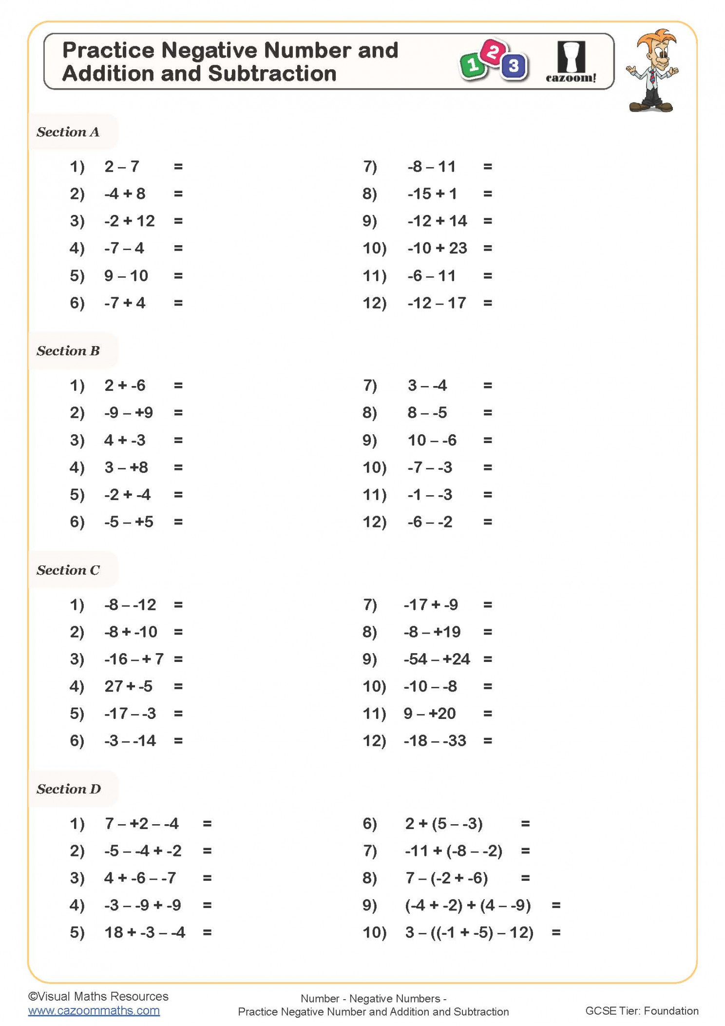 Practice Negative Number and Addition and Subtraction Worksheet